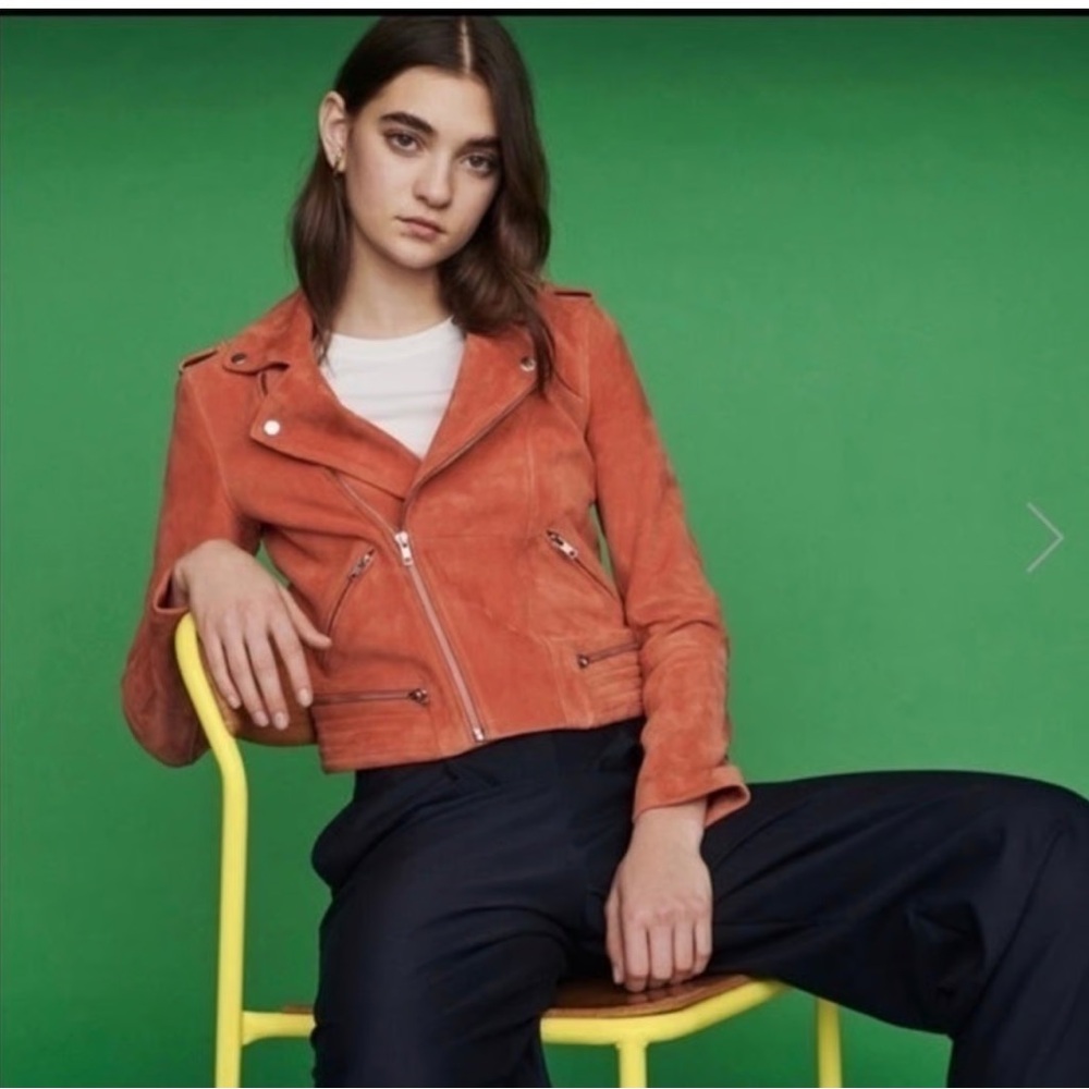 Maje Suede Goat Leather Moto Biker Jacket in Orange